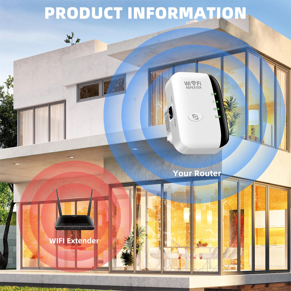 Ein weißer WLAN-Repeater in der Nähe eines modernen Hauses. Der Repeater sendet Signale, um die WLAN-Reichweite zu erweitern.