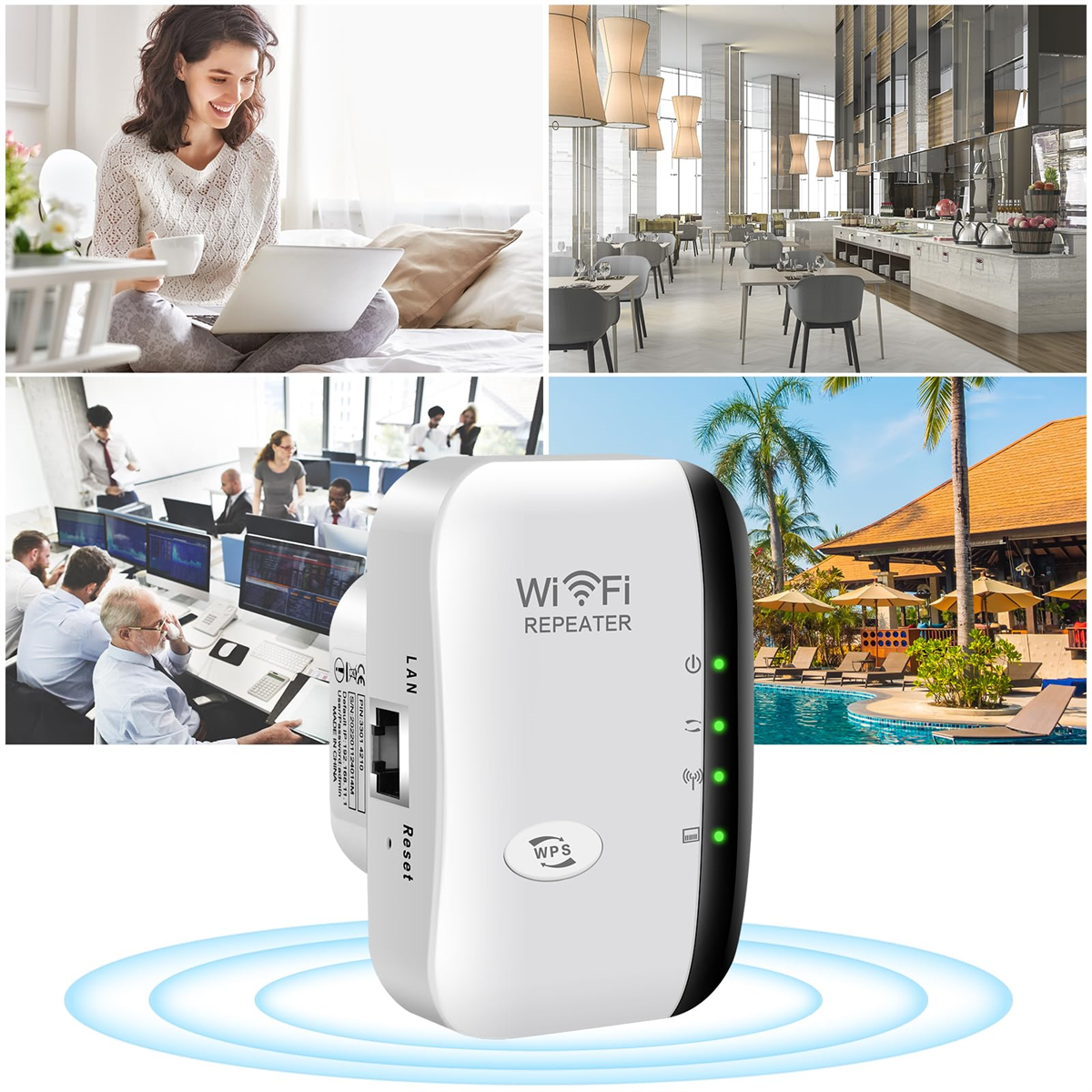 Collage mit WLAN-Repeater und Szenen von Frau, Restaurant, Pool und Büro.