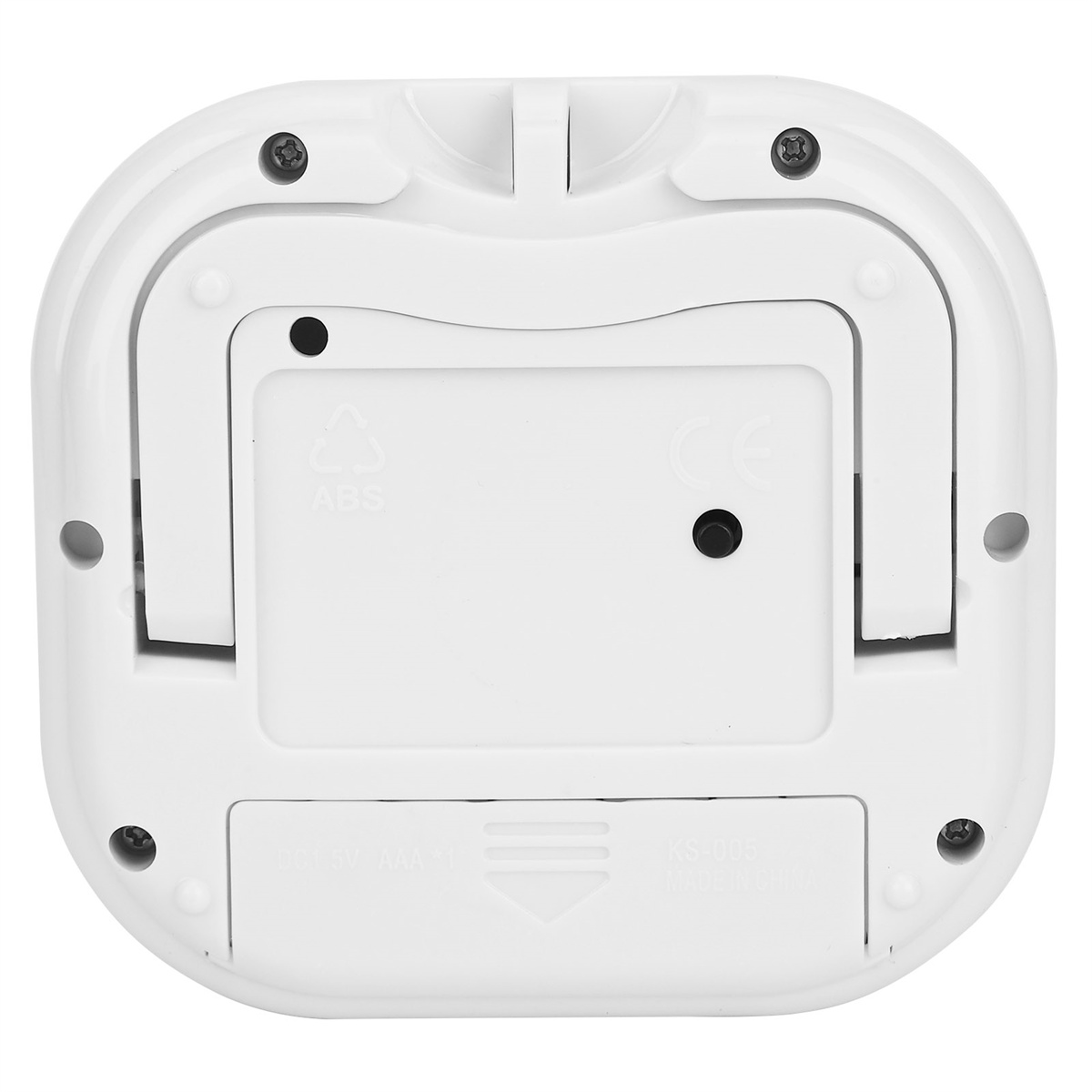 Weißes Geräte-Rückpanel mit Schrauben und Batteriefach.