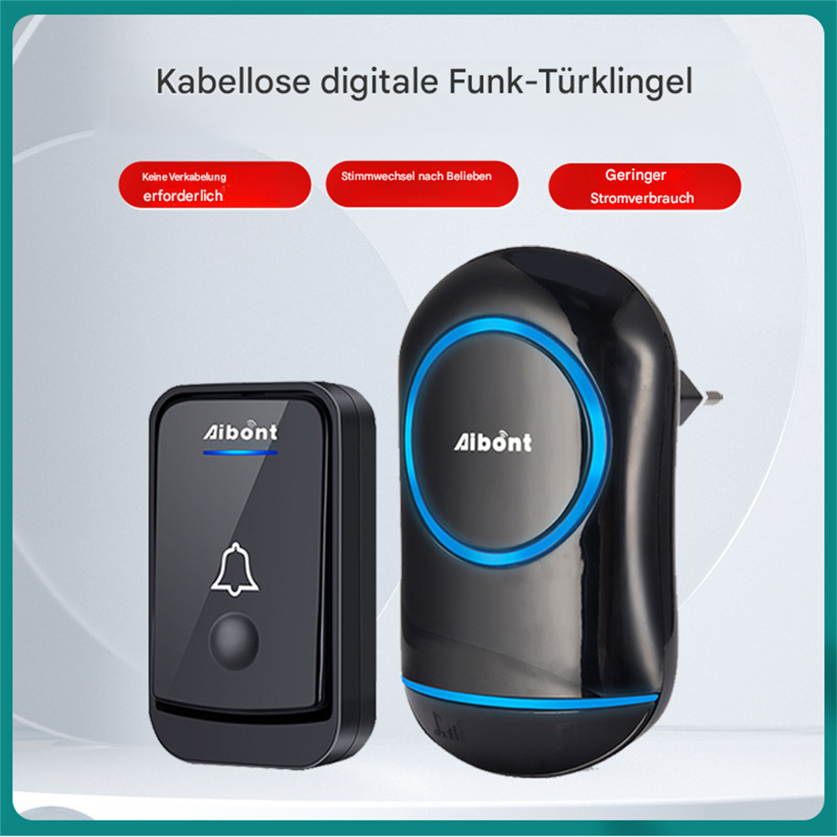 Eine schwarze, kabellose Türklingel mit blauem Licht und weißer Basis.