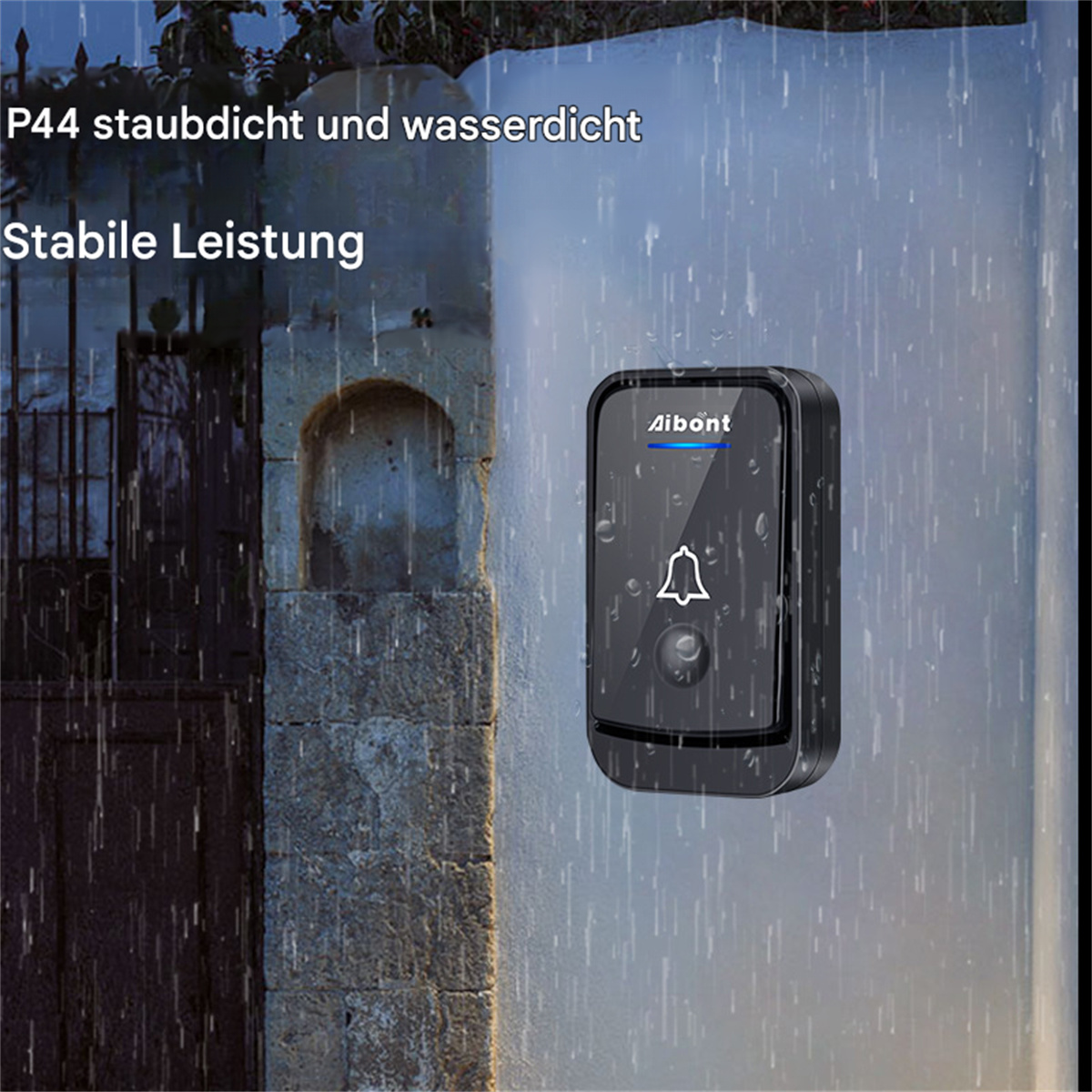 Schwarze Türklingel an einer weißen Wand mit Regen. Text weist auf wasserdichte und stabile Leistung hin.