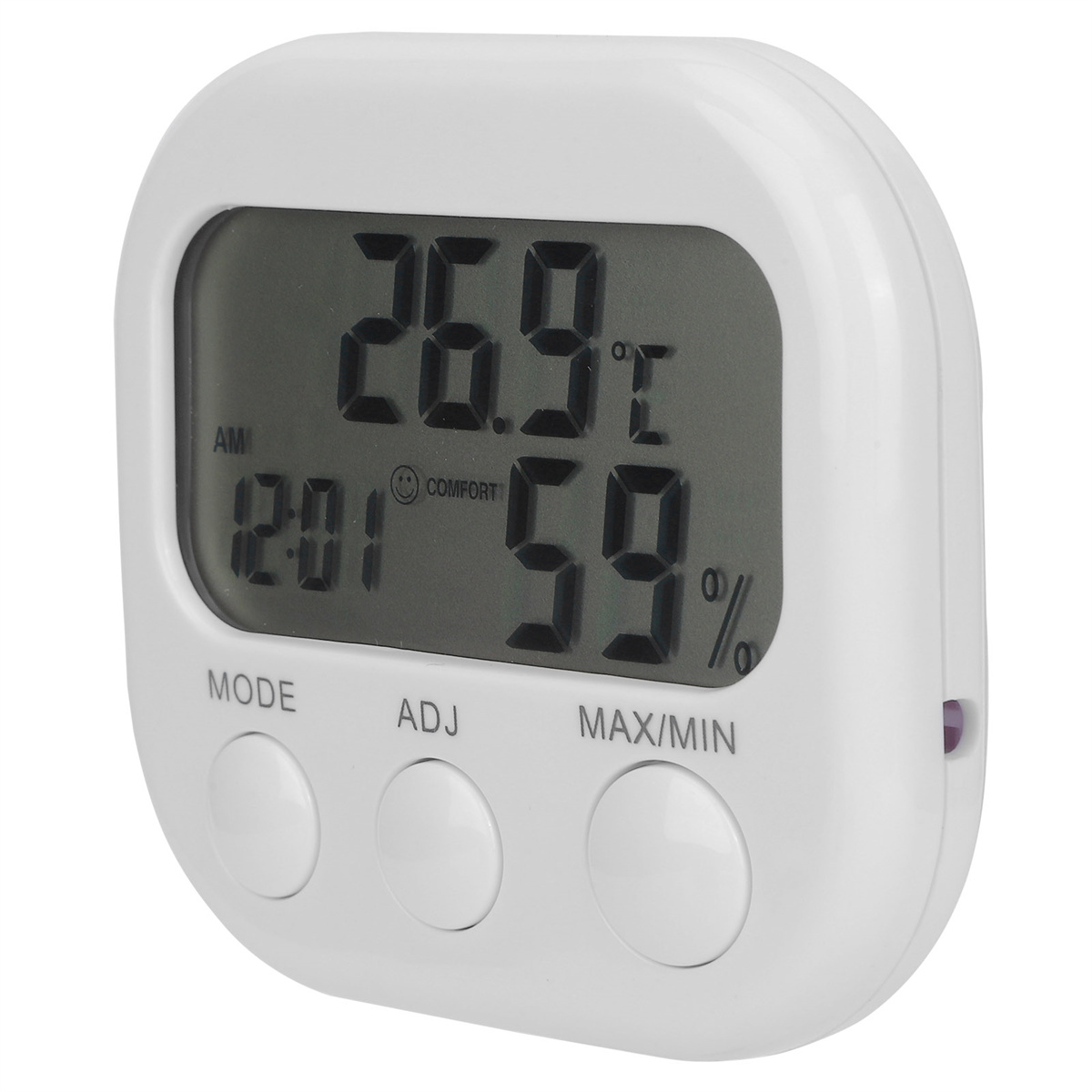 Eine weiße Digitaluhr mit Zeit, Temperatur und Luftfeuchtigkeit. Sie hat drei Tasten und einen Bildschirm.