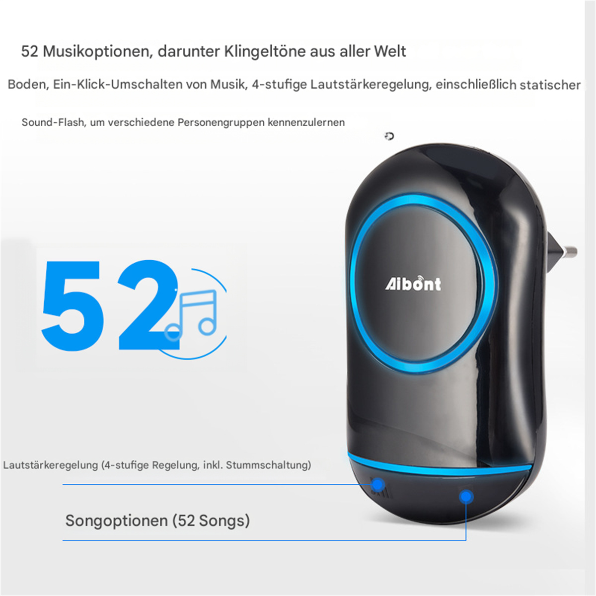 Eine schwarze Türklingel mit blauem Lichtring. Sie sagt '52' und 'Albont'. Der Text listet Song-Optionen auf.