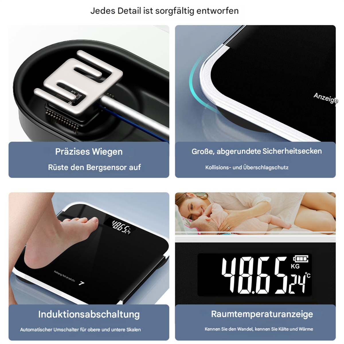 Nahaufnahmen einer Digitalwaage, die Gewicht und Temperatur anzeigt. Enthält Details des Geräts und seiner Verwendung.
