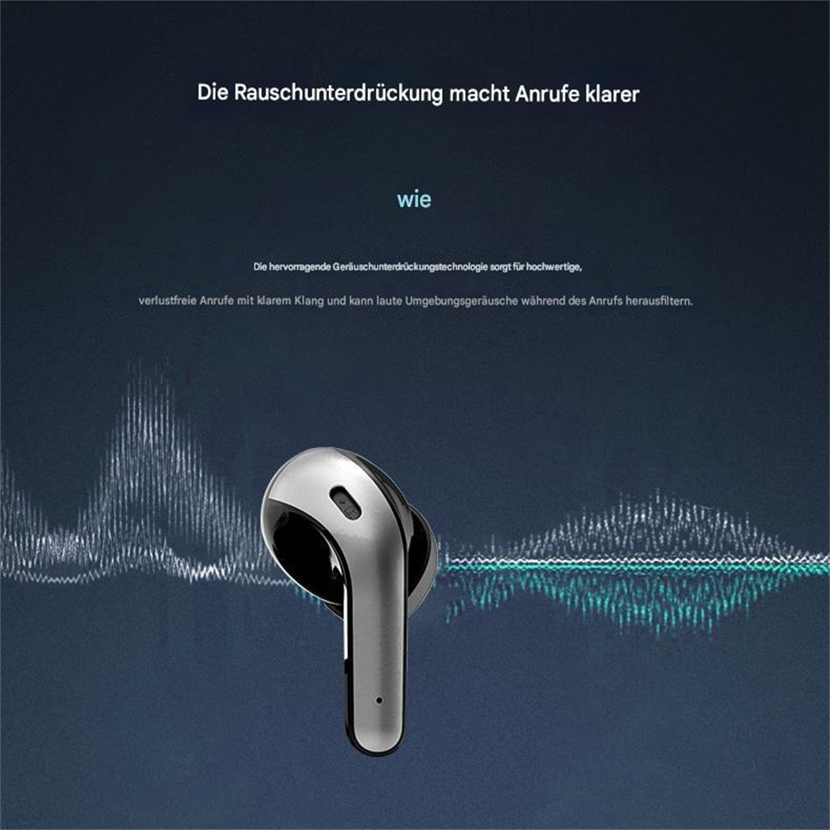 Ein Paar silberne Ohrhörer mit Text über Geräuschreduzierung.