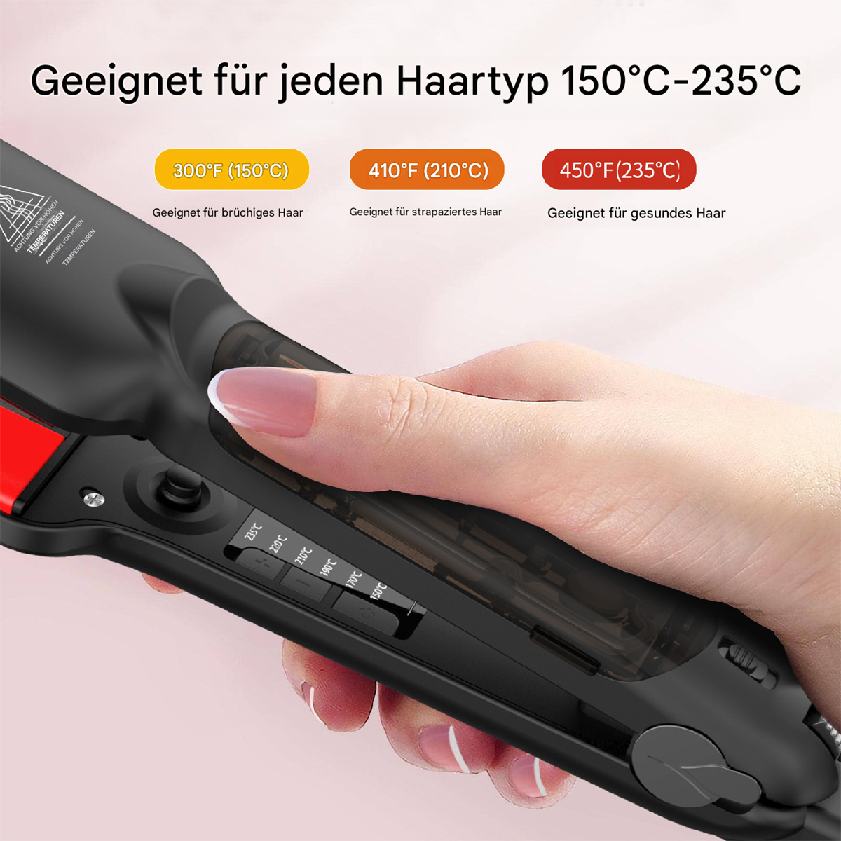 Hand einer Frau, die ein Glätteisen hält, mit sichtbaren Temperatureinstellungen und Text.