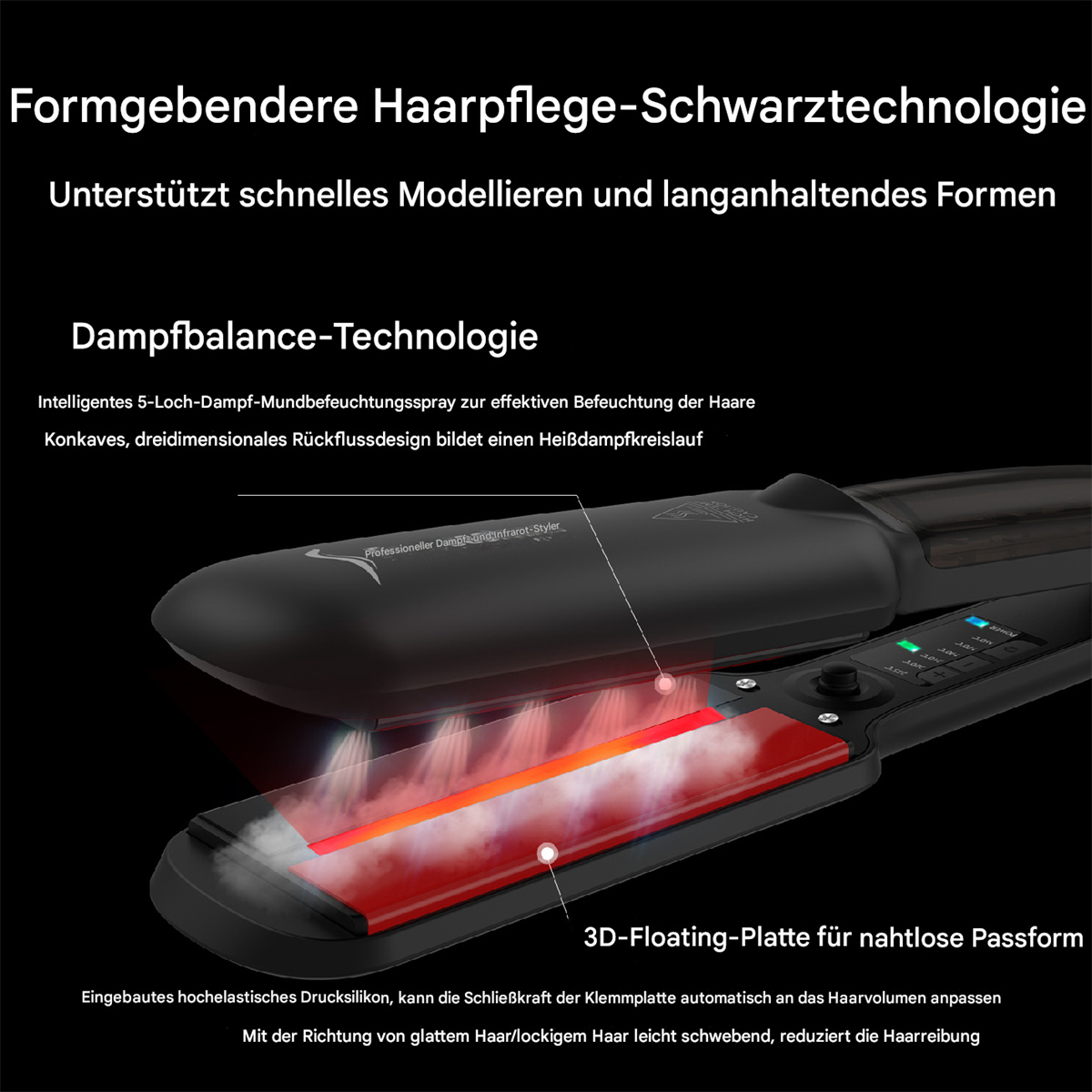 Haarglätter mit schwarzen Platten und rotem Heizbereich. Text-Overlay.