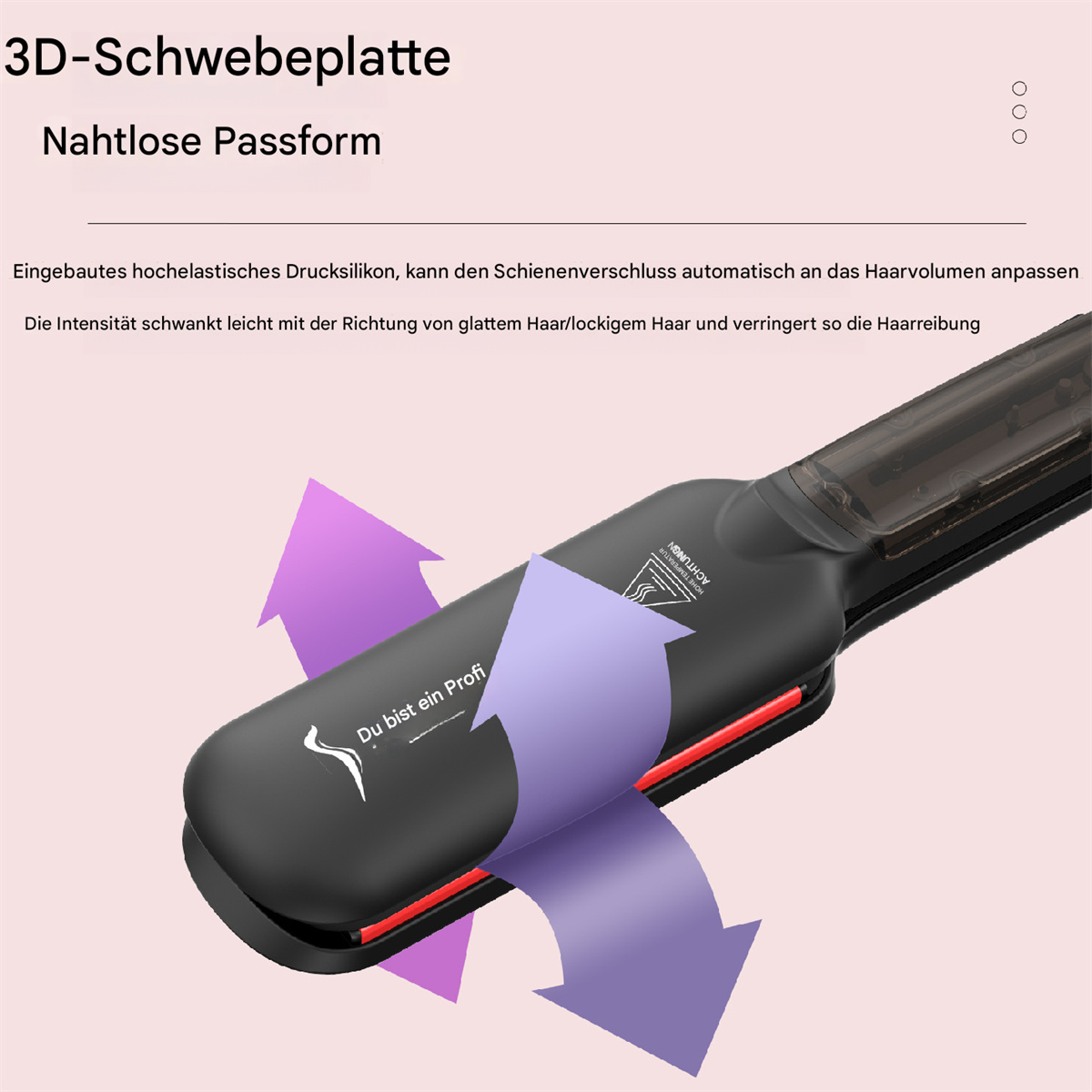 Schwarz-roter Haarglätter mit lila Pfeilen, die darauf zeigen. Text auf Deutsch.