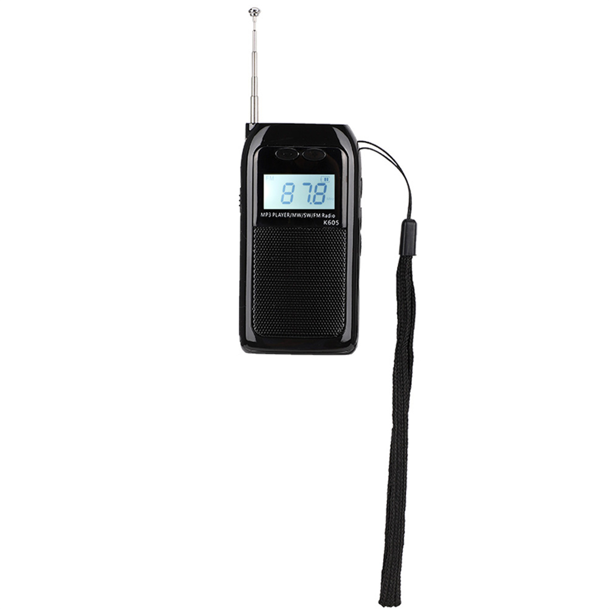 Schwarzes Radio mit digitaler Anzeige. Hat Antenne und Gurt. Zeigt Frequenz 87,8.