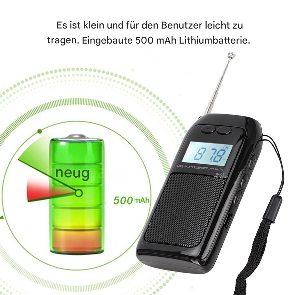 Ein kleines, schwarzes Radio mit Display und Antenne. Ein Batteriesymbol zeigt grün, was Aufladung anzeigt.