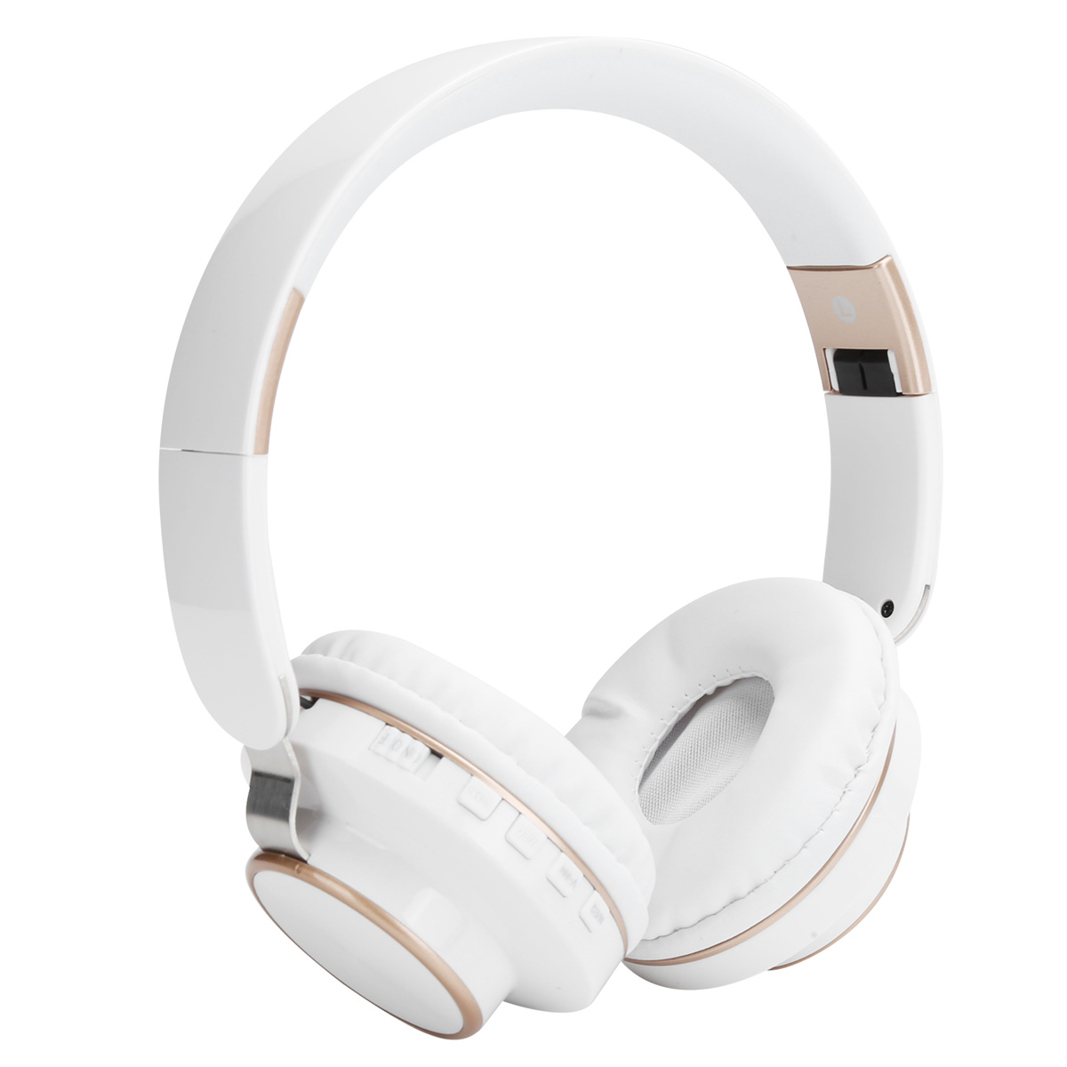 Weiße kabellose Kopfhörer mit goldenen Akzenten, Over-Ear-Design.