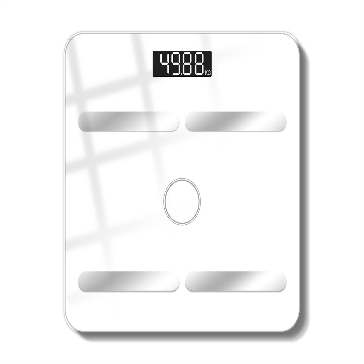Weiße Digitalwaage mit vier Pads und einem Display.