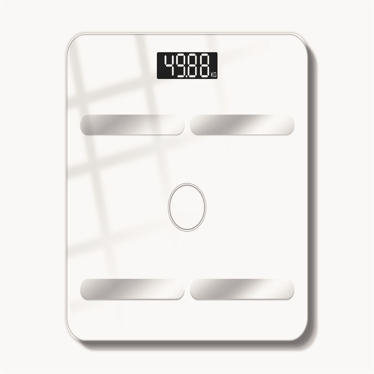 Weiße digitale Waage mit Anzeige von 49,88 kg und vier Touch-Bereichen, auf Weiß.