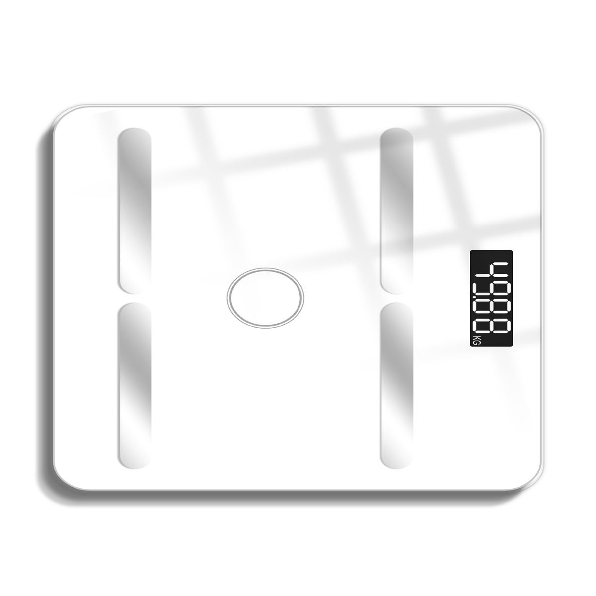Eine weiße digitale Badezimmerwaage mit einer Digitalanzeige, die 49,88 kg anzeigt, auf weißem Hintergrund.