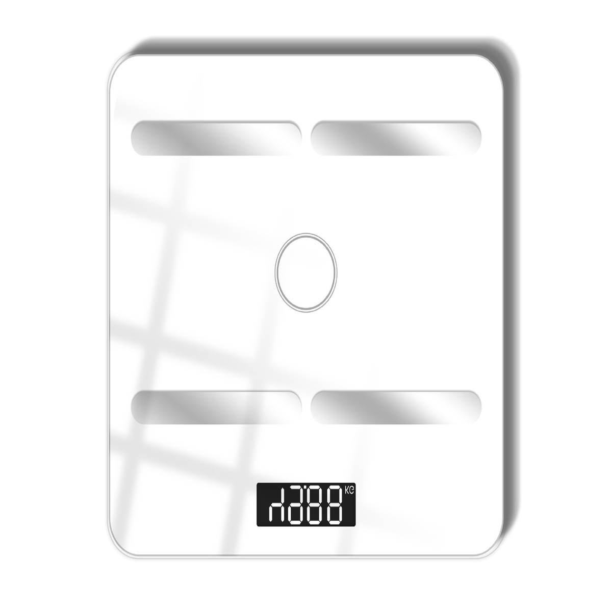 Eine weiße digitale Badezimmerwaage, die 188,8 kg anzeigt, mit einem Schatten.