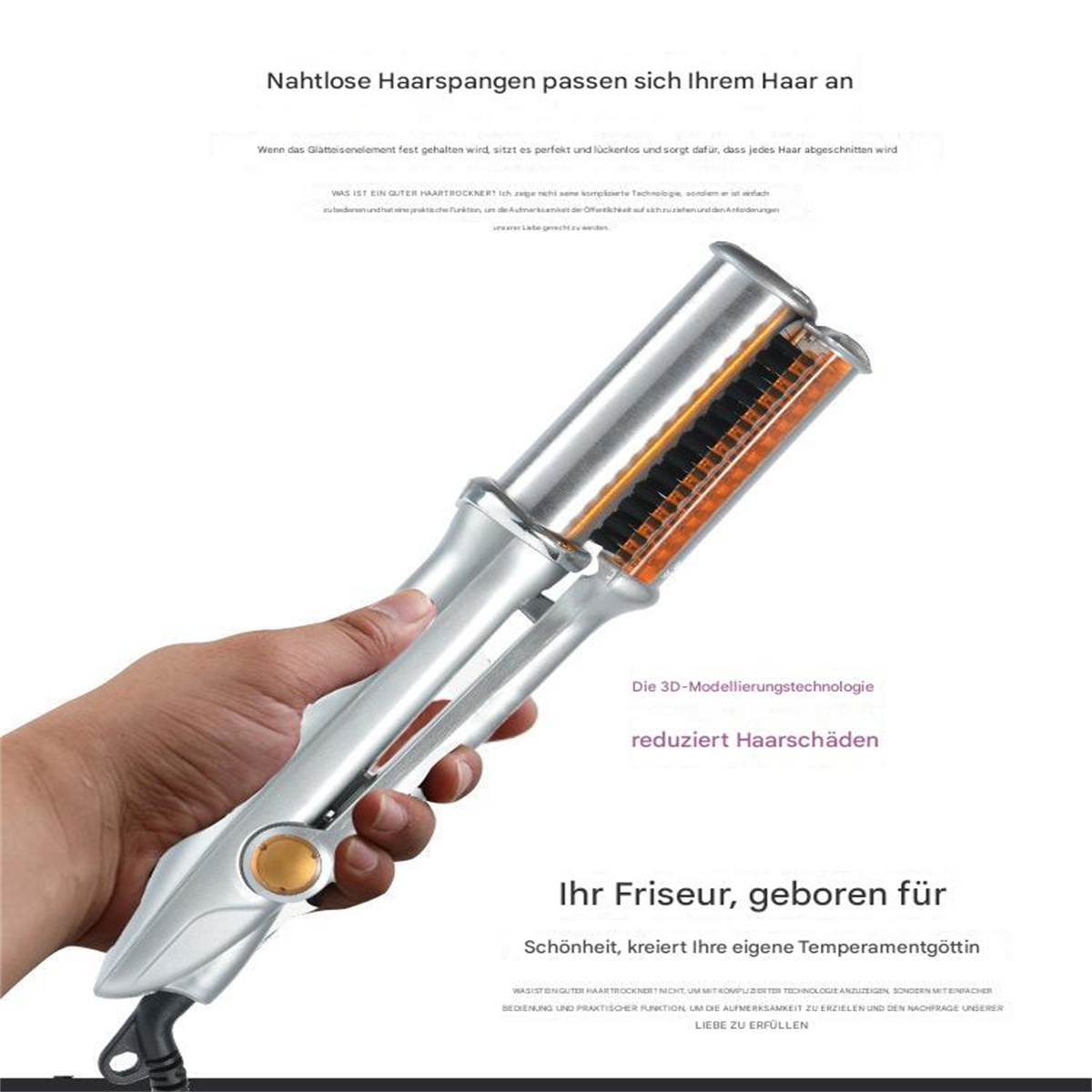 Hände einer Frau halten ein Haarstyling-Werkzeug; Text besagt, dass es Haarschäden reduziert.