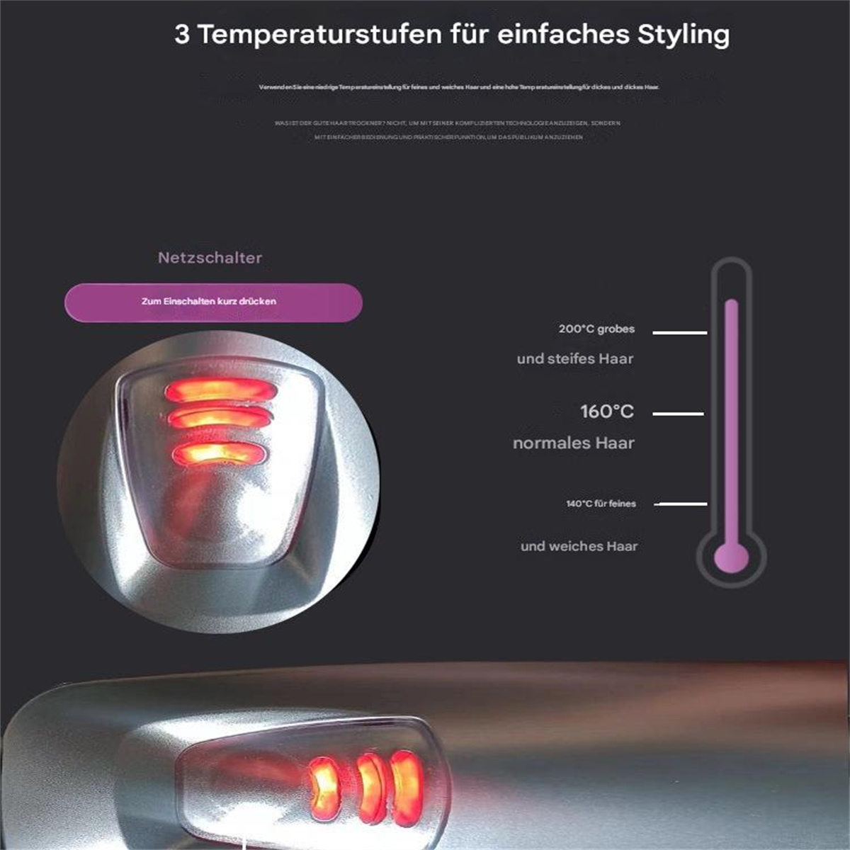 Nahaufnahme eines Haarstyling-Tools mit rot glühenden Heizelementen und einer Temperaturanzeige auf dunklem Grund.