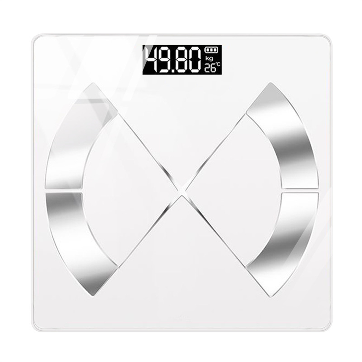 Eine weiße Digitalwaage mit Anzeige von 49,80 kg und 26 Grad Celsius.