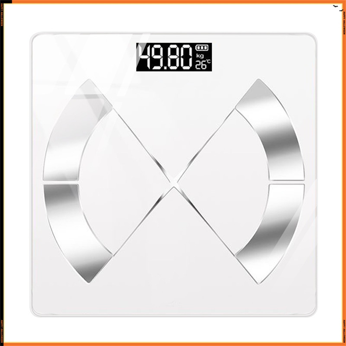 Weiße Digitalwaage. Zeigt das Gewicht als 49,80 kg und die Temperatur an. Die Waage hat ein Bogendesign.