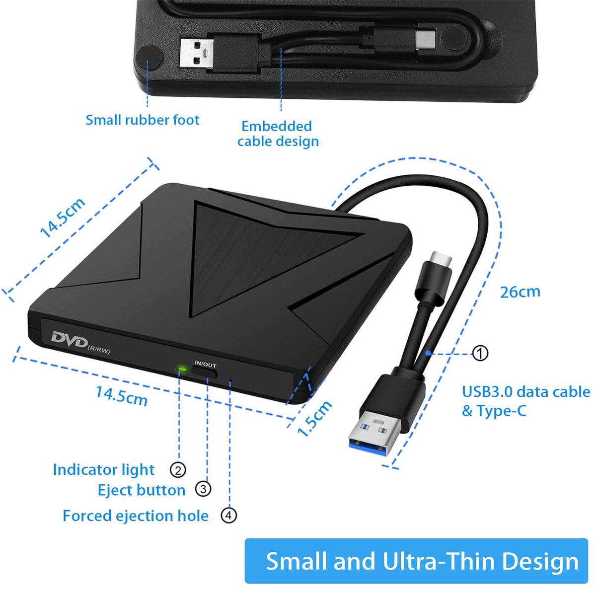 Schwarzes DVD-Laufwerk mit USB-Kabel und Maßangaben. Enthält Kontrollleuchte und Auswurftaste.