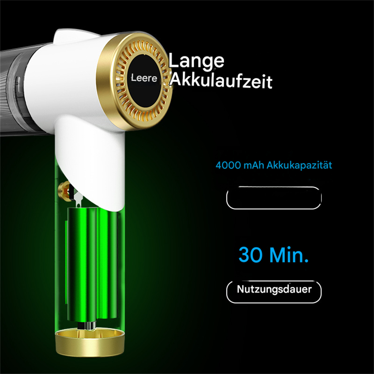 Ein elektrischer Fusselentferner in Weiß und Gold. Das Bild zeigt die Akkulaufzeit.