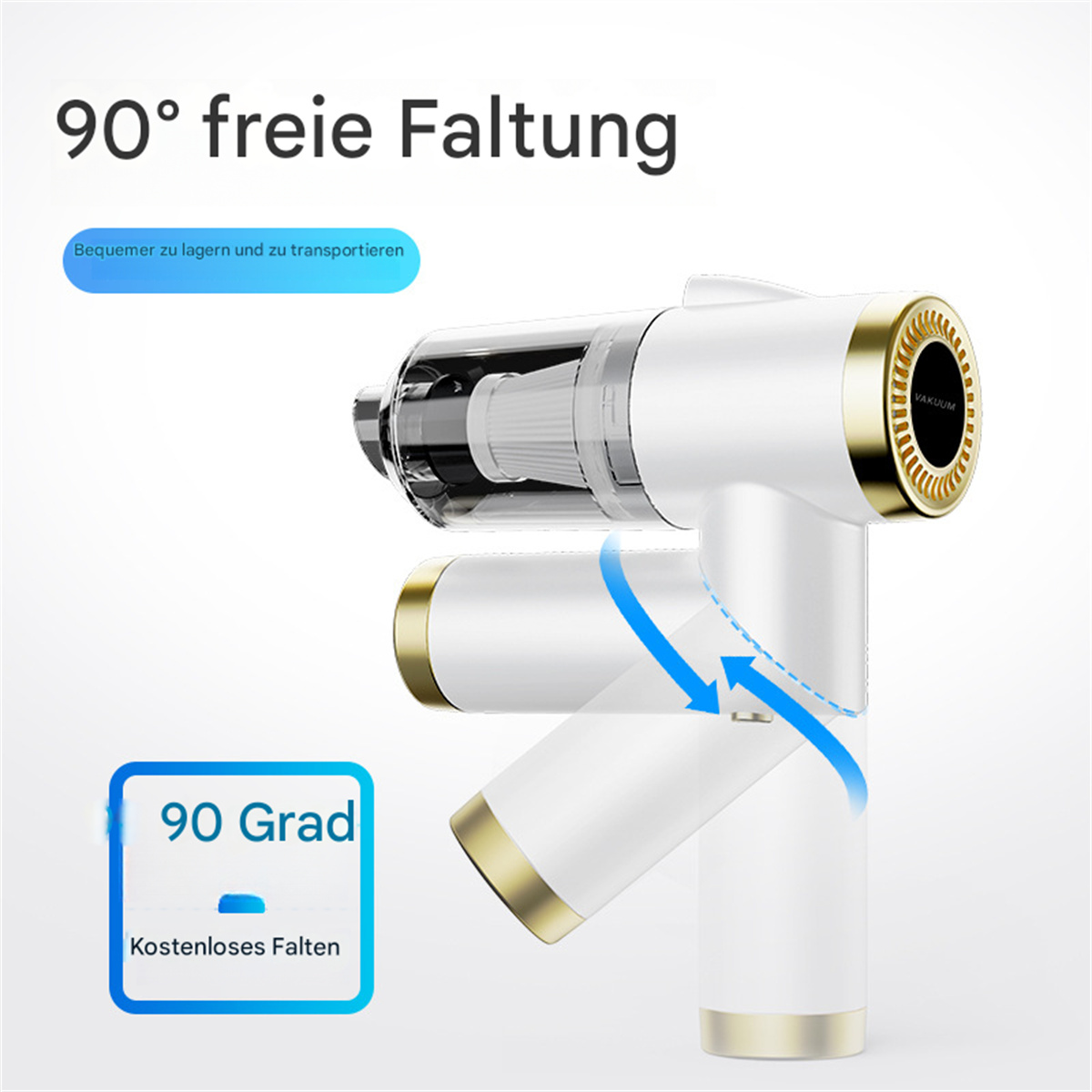 Ein weißer und goldfarbener Staubsauger, der sich um 90 Grad faltet.