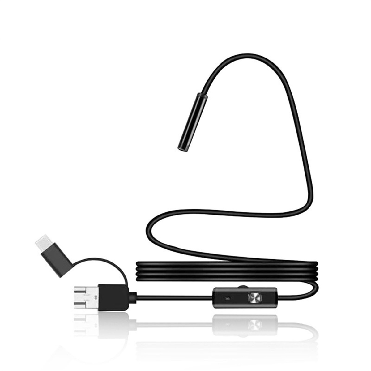 Eine schwarze endoskopische Kamera mit USB-Anschluss. Die Kamera liegt auf einer weißen Oberfläche.