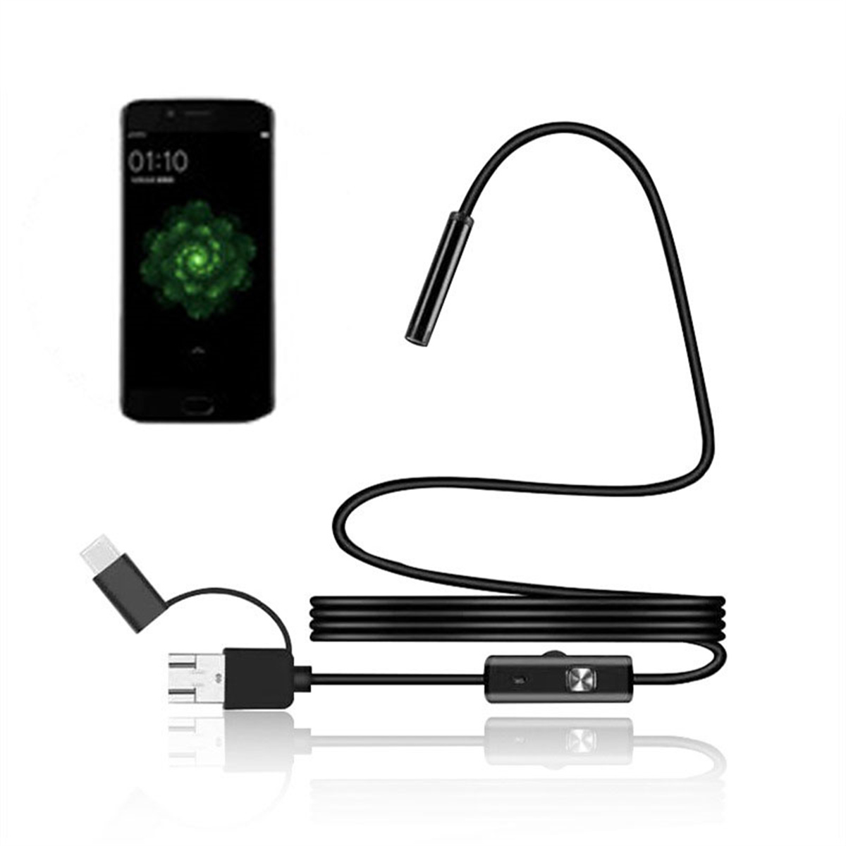 Eine schwarze Endoskopkamera mit Smartphone und USB-Anschluss, mit einem Bedienelement.