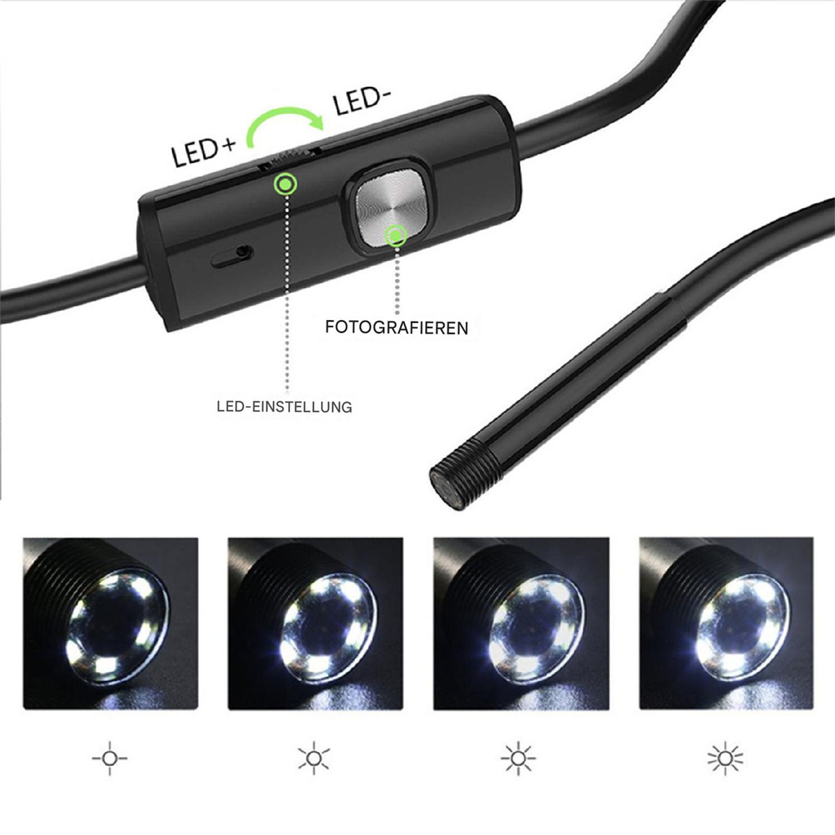 Ein schwarzes Gerät mit Lichtsteuerung. Vier verschiedene Lichtmodi werden gezeigt.