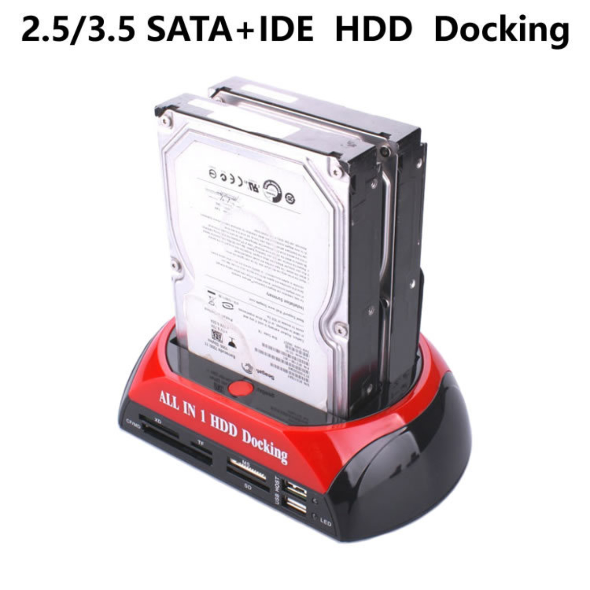 HDD-Dockingstation. Rotes und schwarzes Design. HDDs sind eingesetzt. Weißer Hintergrund.