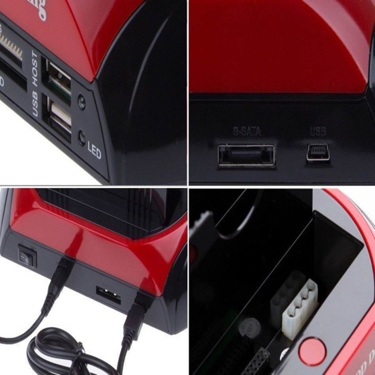 Nahaufnahme eines roten Geräts mit verschiedenen Anschlüssen und Verbindungen, einschließlich USB.