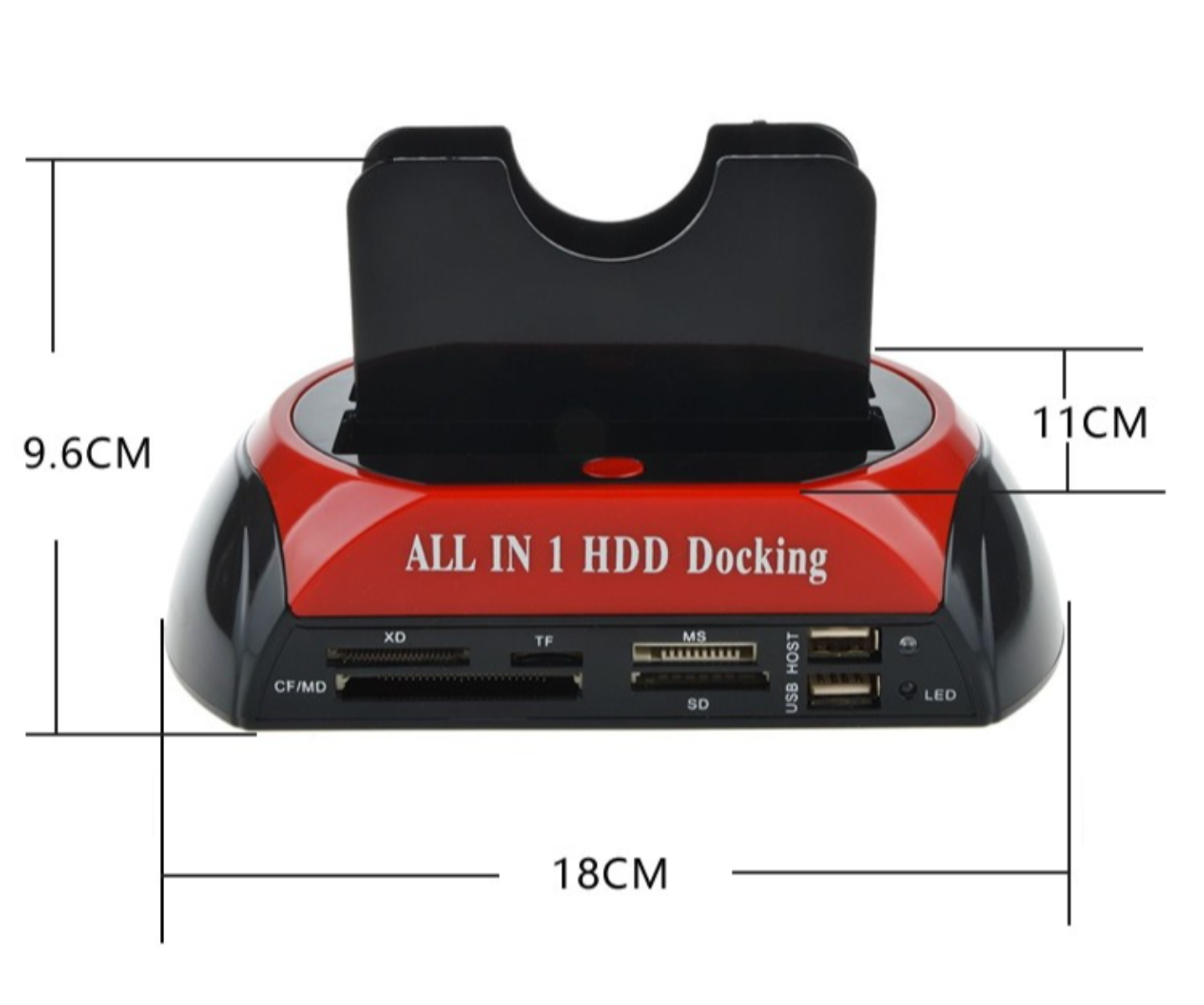 Schwarz-rote All-in-1-HDD-Dockingstation, mit Abmessungen und verschiedenen Anschlüssen, auf Weiß.