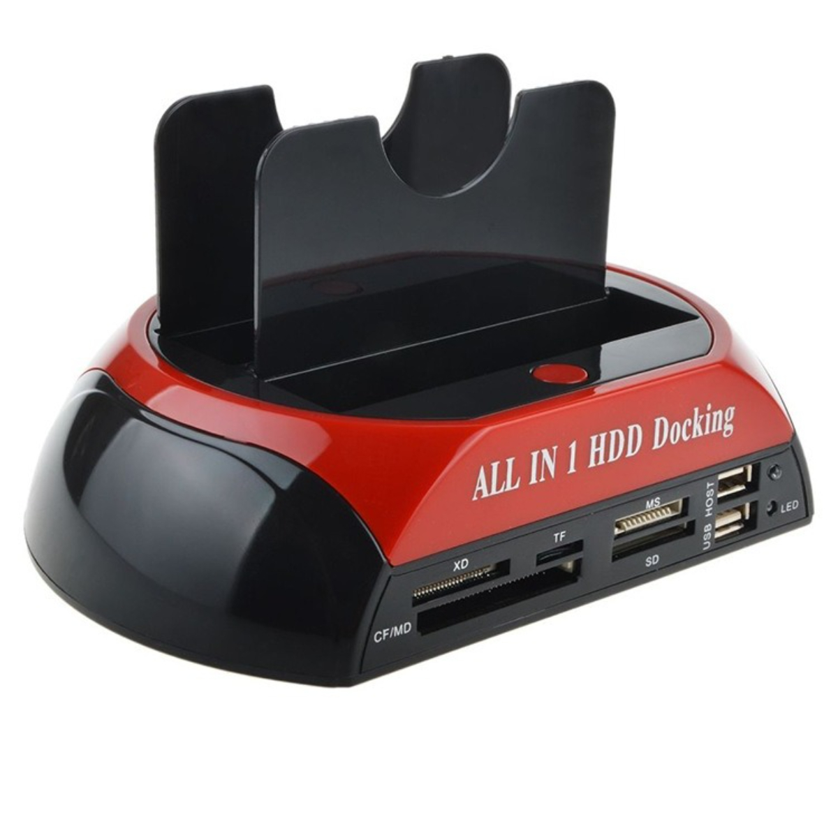 Schwarze und rote HDD-Dockingstation mit Kartensteckplätzen und USB-Anschlüssen. Hat Steckplätze für Karten und Festplatten.