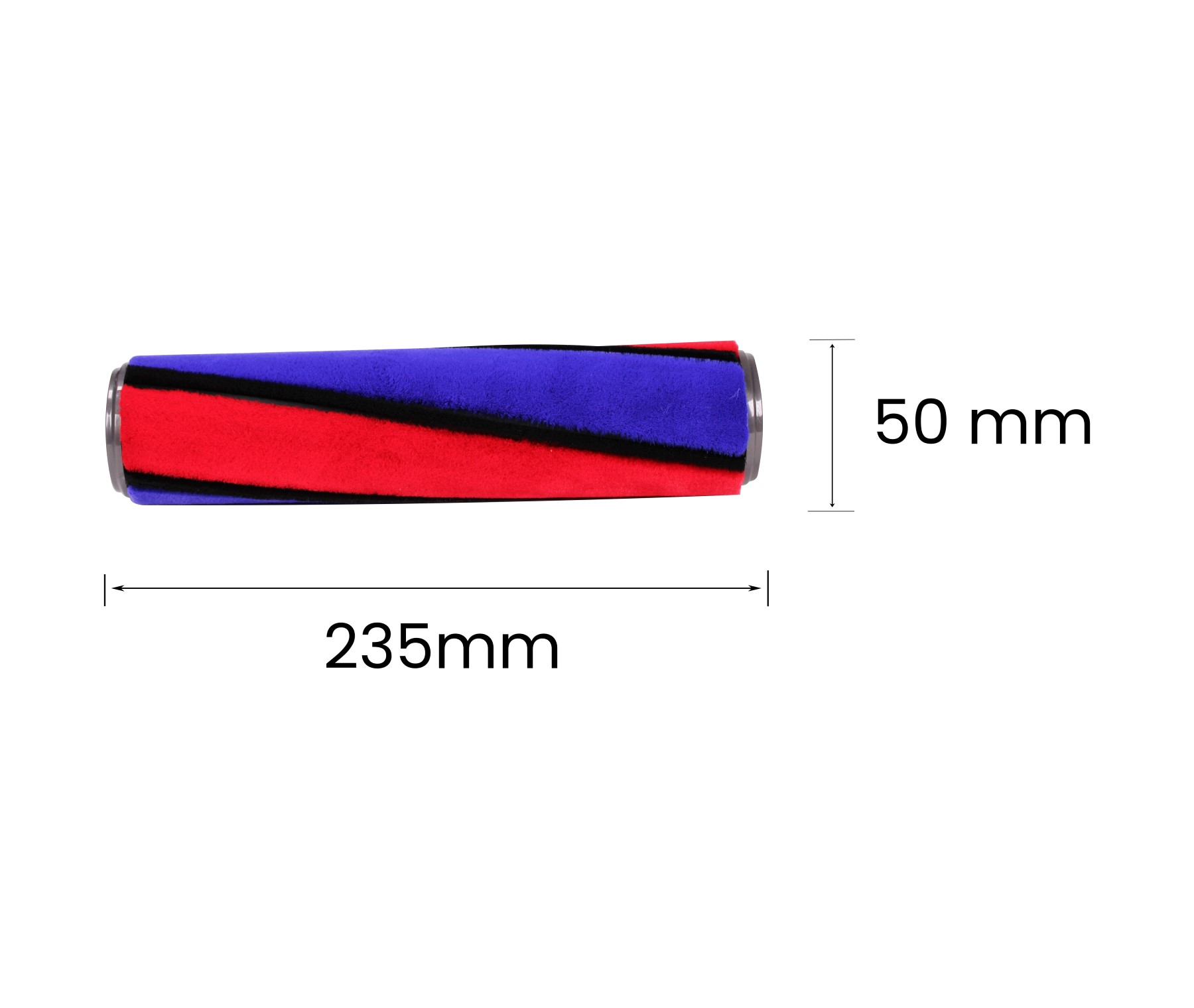 Eine Staubsauger-Bürstenwalze, rot und blau, mit den Maßen 235 mm Länge, 50 mm Durchmesser.