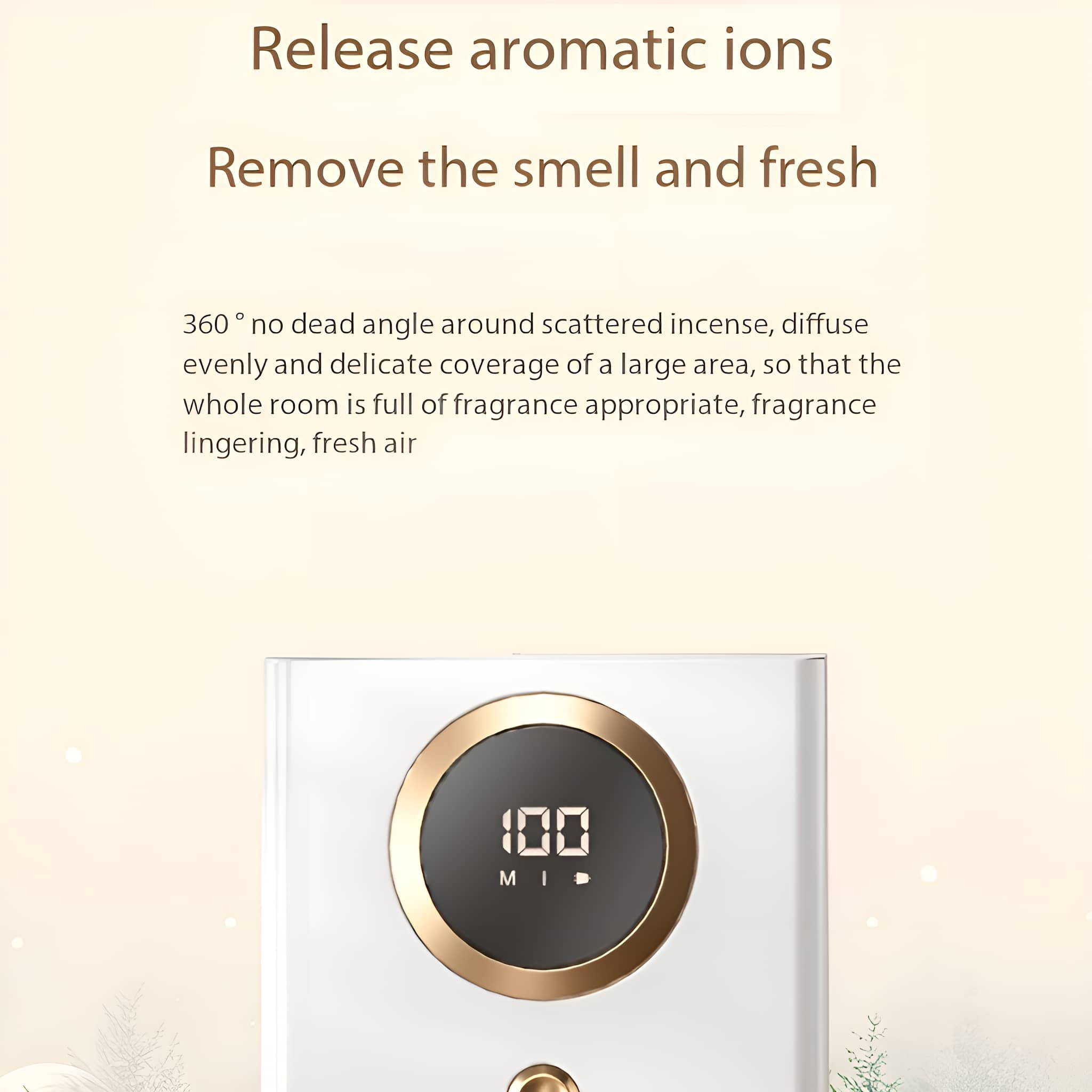Ein weißer Diffusor mit einem goldenen Kreis und digitaler Anzeige '100'. Text: 'Release aromatic ions'.