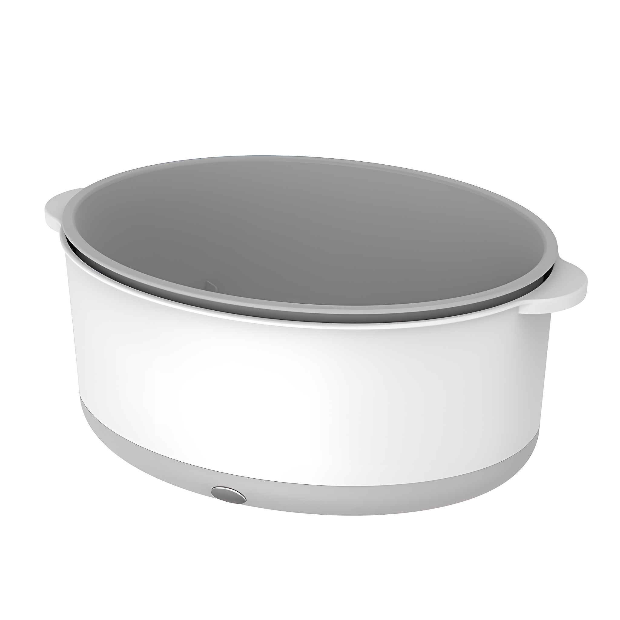 Ein weißer und grauer Slow Cooker mit einem grauen Deckel, isoliert auf weißem Hintergrund.