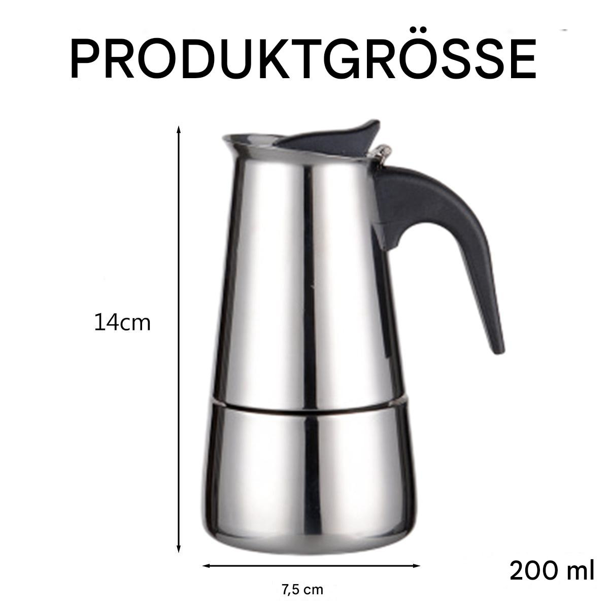 Ein silberner Kaffeebereiter, die Abmessungen sind 14 cm hoch, 7,5 cm breit, mit einem Fassungsvermögen von 200 ml.