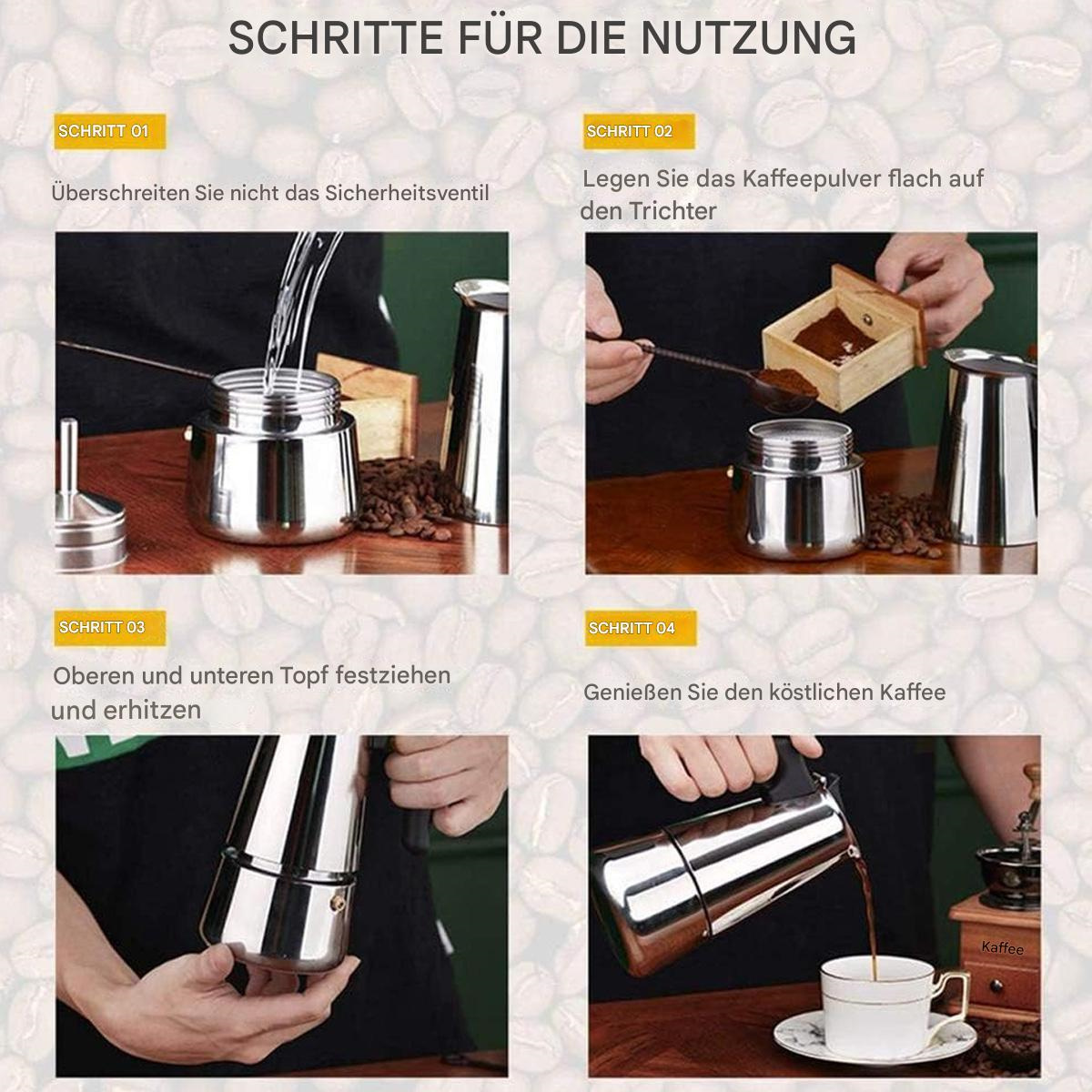 Schritte zur Verwendung einer Kaffeemaschine, vom Wasser hinzufügen bis zum Kaffee einschenken.