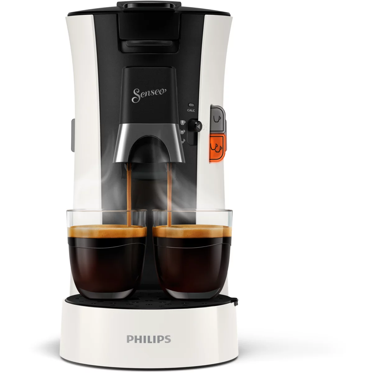 Eine weiß-schwarze Kaffeemaschine, die Kaffee in zwei Gläser ausgibt. Dampf ist sichtbar.