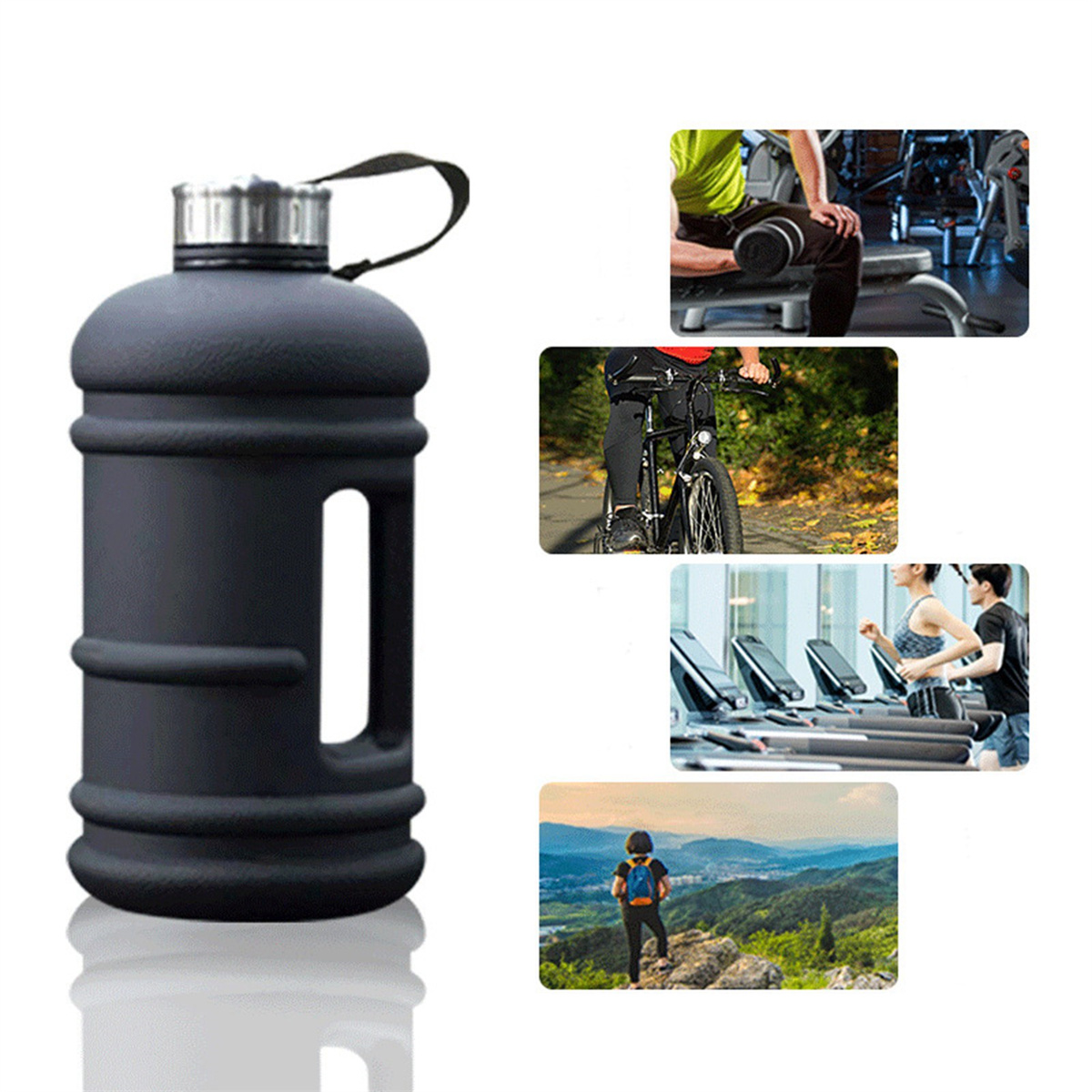 Eine schwarze Wasserflasche mit mehreren Bildern von Menschen, die im Hintergrund trainieren.