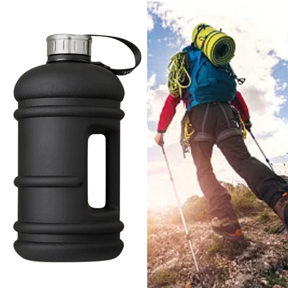 Eine schwarze Wasserflasche mit Griff und ein Wanderer mit Rucksack und Trekkingstöcken auf einem Bergpfad.
