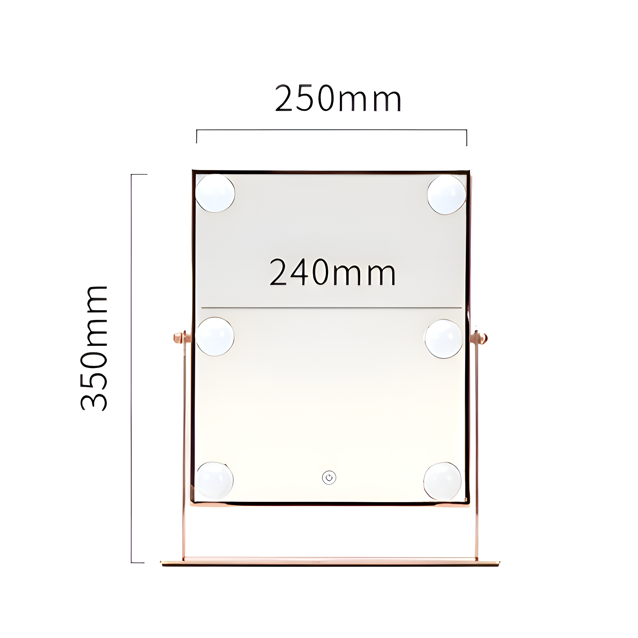 Ein beleuchteter Schminkspiegel mit den Maßen: 250 mm Breite, 350 mm Höhe und 240 mm Spiegelfläche.