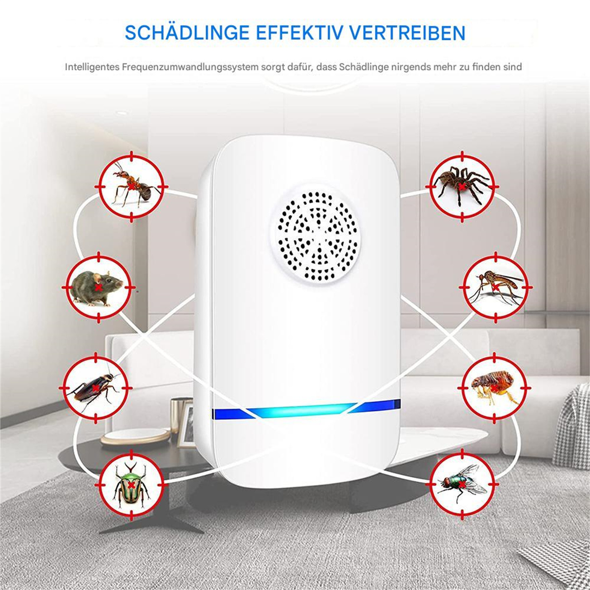 Ein weißer Schädlingsbekämpfer mit Bildern von Insekten und Tieren in roten Kreisen.