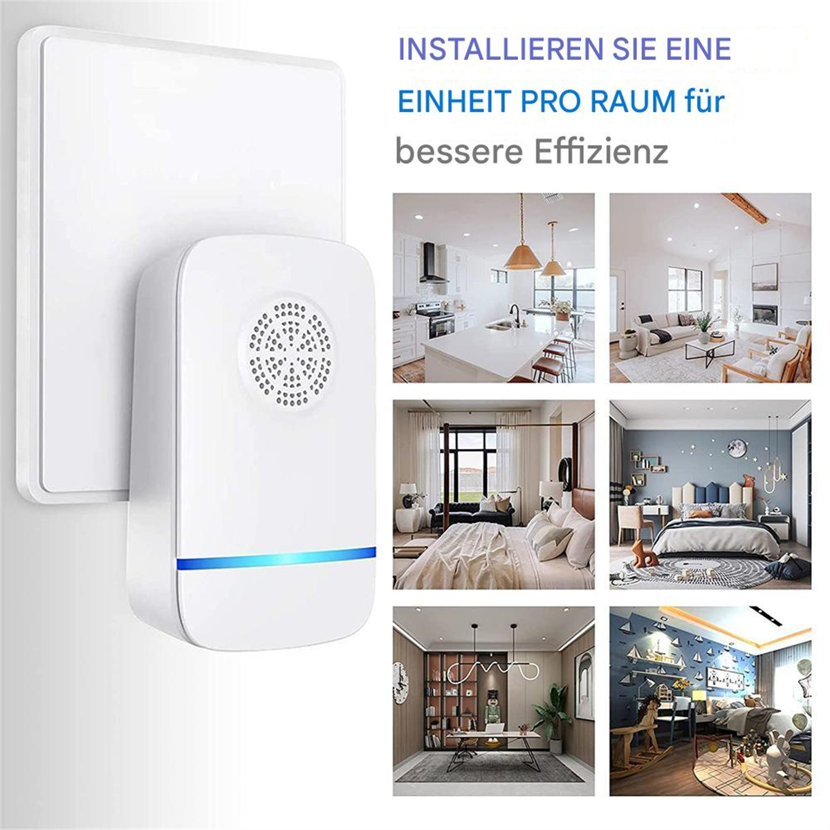 Weißes Smart-Home-Gerät an der Steckdose. Text: Installieren Sie eine Einheit pro Raum für bessere Effizienz.