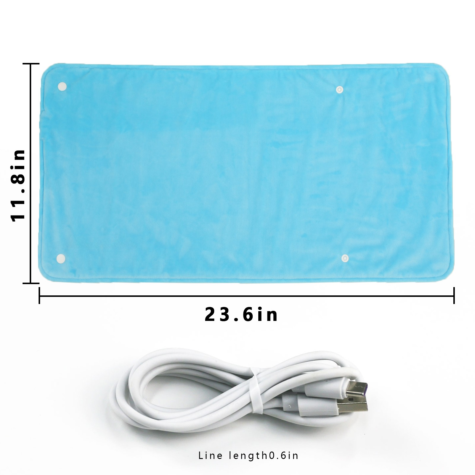 Ein blaues rechteckiges Heizkissen mit Abmessungen und ein weißes USB-Kabel auf einer weißen Oberfläche.