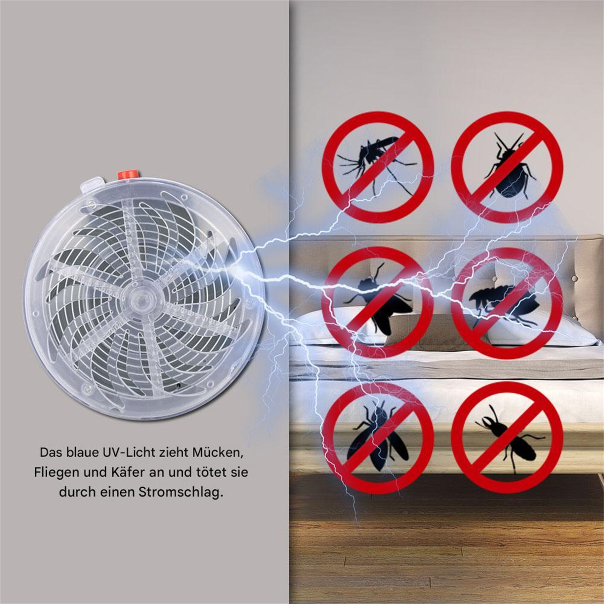 Insektenvernichter mit Ventilator und Text, der erklärt, wie er Insekten anzieht und tötet.
