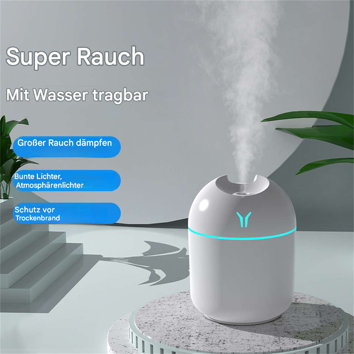 Ein weißer Luftbefeuchter mit Dampf, der aus der Oberseite austritt, und Text über das Produkt.