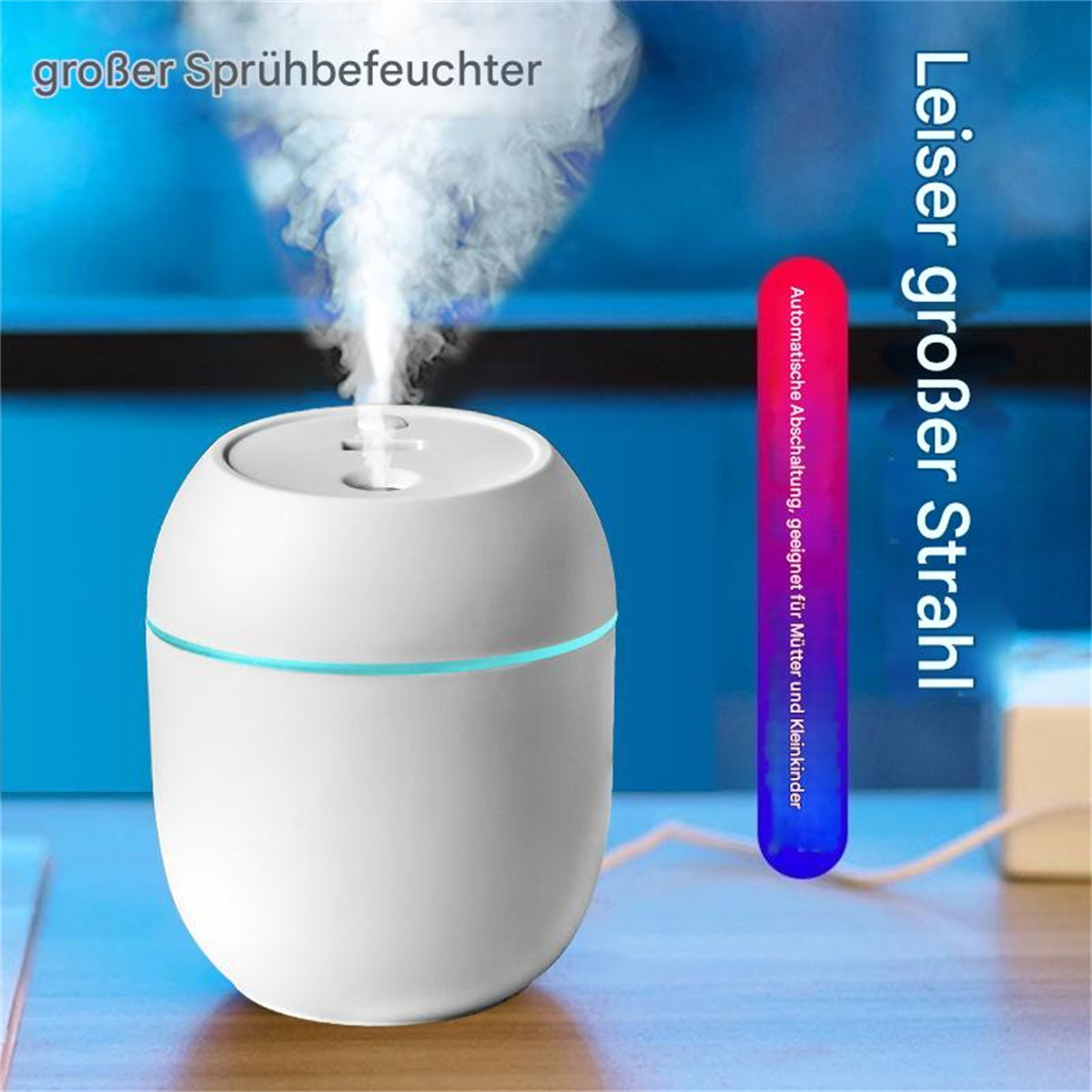 Weißer Luftbefeuchter mit Nebel. Blaue Lichter und roter Farbverlauf. Weißer Text im Hintergrund.