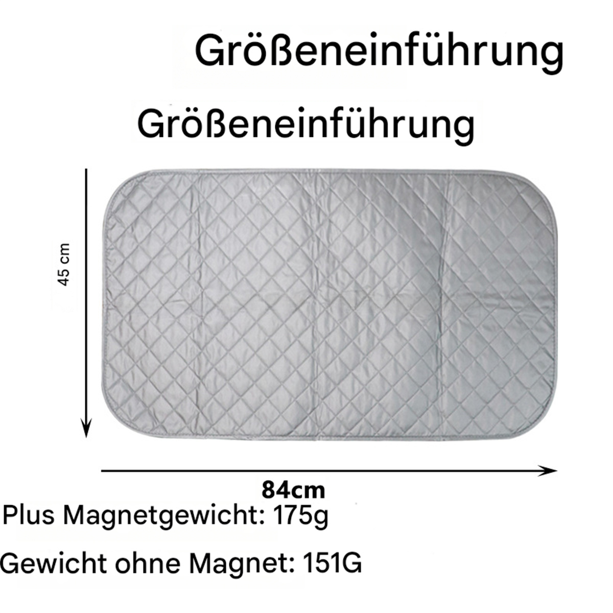Grauer Bügeltischbezug mit Abmessungen und Gewichtsangaben auf weißer Oberfläche.