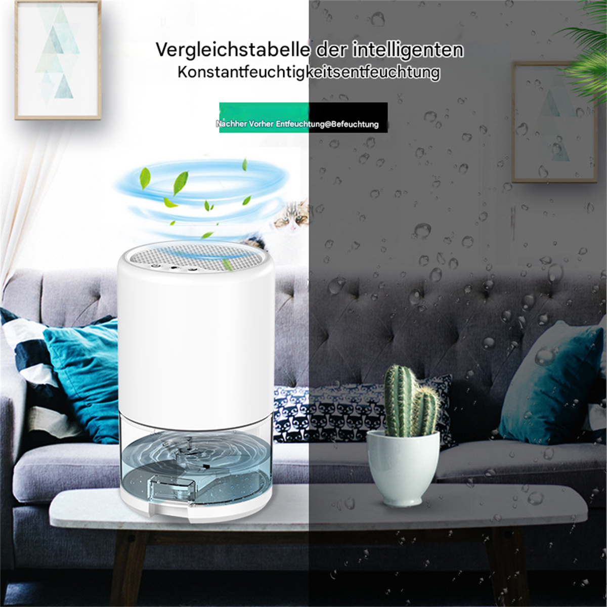Ein Diagramm, das die Auswirkungen eines Luftentfeuchters vergleicht. Auf der einen Seite ein Zuhause mit Luftbefeuchter, auf der anderen Seite ein trockenes Zuhause.